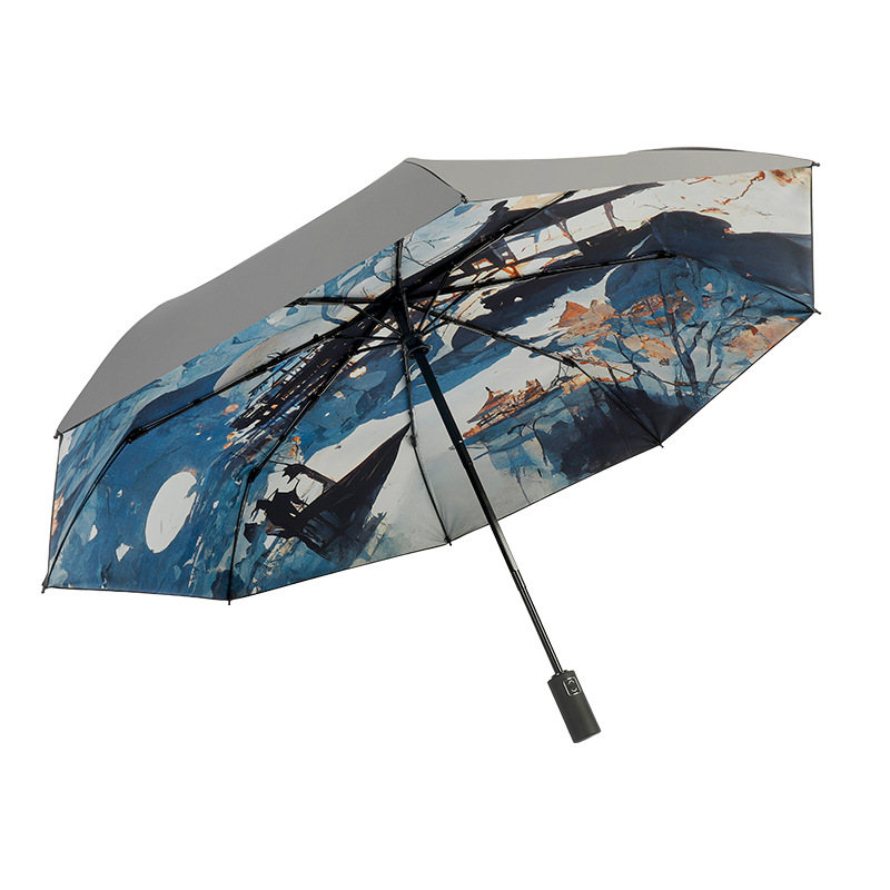 Trijų dalių vintage nacionalinio stiliaus skėtis su iliustracijos motyvu; automatinis atidarymas ir uždarymas; UPF50+; 8 spindulių rėmas; 210T vinilo audinys; logotipo spausdinimo galimybė