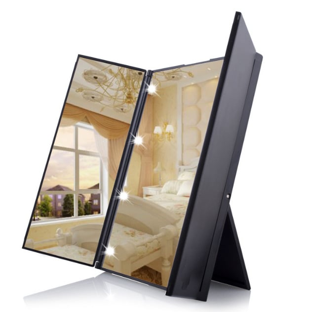 oglindă de machiaj cu LED, pliabilă cu trei fețe, suport de birou, cadru ABS și lentilă din aluminiu