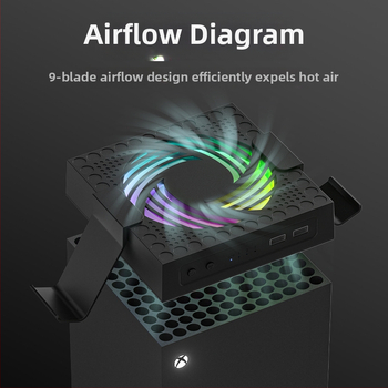 Xbox Series X ψύκτης με RGB φωτισμό, προστασία από σκόνη, τροφοδοσία USB, αυτόματη ρύθμιση ταχύτητας αέρα και κούμπωμα στήριξης.