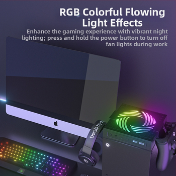 Xbox Series X ψύκτης με RGB φωτισμό, προστασία από σκόνη, τροφοδοσία USB, αυτόματη ρύθμιση ταχύτητας αέρα και κούμπωμα στήριξης.