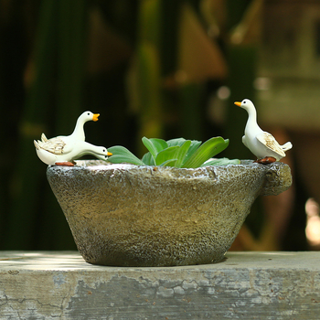 Υδροπονικό φυτό Pennywort σε γλάστρα από ρητίνη με πέτρινη βάση και γλυκιά λευκή πάπια διακοσμητικό για κήπο και τραπεζάκι τσαγιού