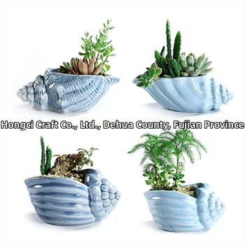 Κεραμική γλάστρα για παχύφυτα με δίσκο σε σχήμα κοχυλιού, χειροποίητη, με επίστρωση γλάσου, διακοσμητικό επιτραπέζιο