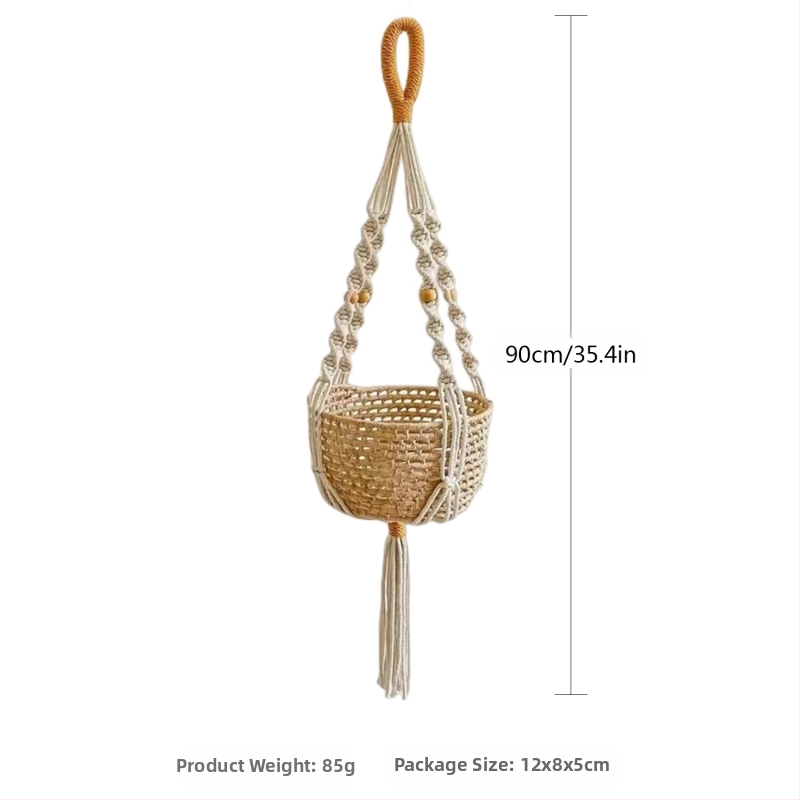 Висяща кошница за саксии, ръчно плетена от памучна връв, правоъгълна форма, скандинавски стил