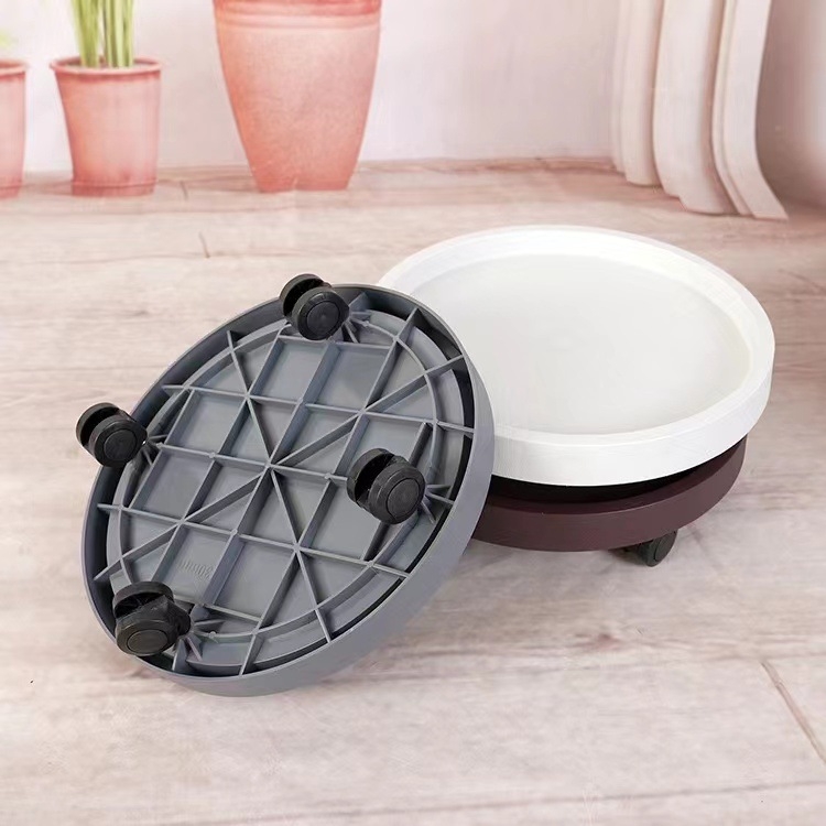 Gėlių vazonėlių padėklas su ratukais ir drenažu, judantys universalieji ratukai, plastinė bazė, išlieta injekciniu formavimu • Medžiaga: Plastikas • Gamybos technologija: Injekcinis formavimas • Ekspotas tarpvalstybinių rinkų: Taip • Importas: Ne