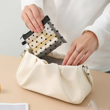 Μίνι τσαντάκι μακιγιάζ με πλέγμα σε σχήμα καρδιάς, φορητός φλοκωμένος τετράγωνος σχεδιασμός, πολυεστέρας, ταξιδιωτική οργάνωση καλλυντικών