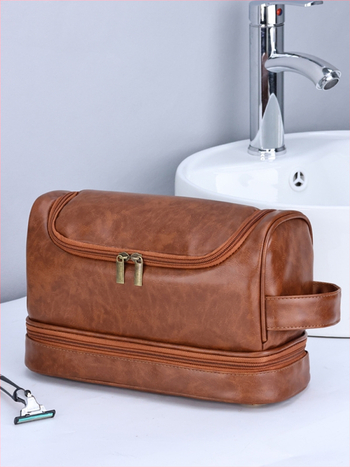 Мъжки двуслоен несесер за козметика за пътуване с халка, PU материал, водоустойчив