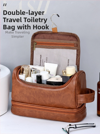 Мъжки двуслоен несесер за козметика за пътуване с халка, PU материал, водоустойчив