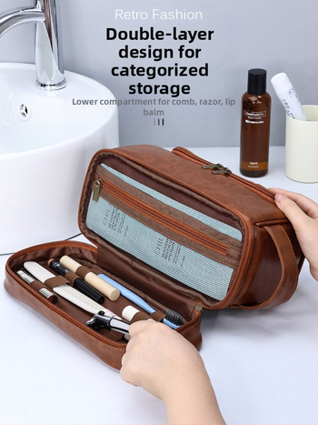 Мъжки двуслоен несесер за козметика за пътуване с халка, PU материал, водоустойчив