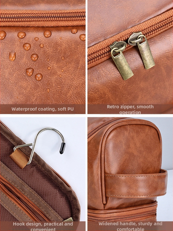 Мъжки двуслоен несесер за козметика за пътуване с халка, PU материал, водоустойчив