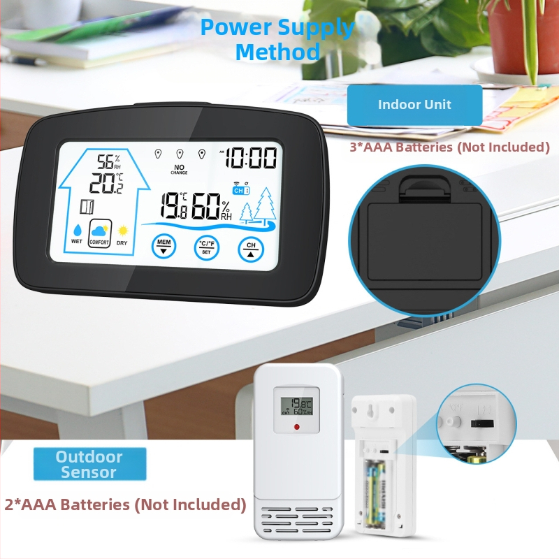 Будилник с подсветен сензорен екран, безжично измерване на температура и влажност за вътрешна и външна среда, цифров LCD метеорологичен часовник