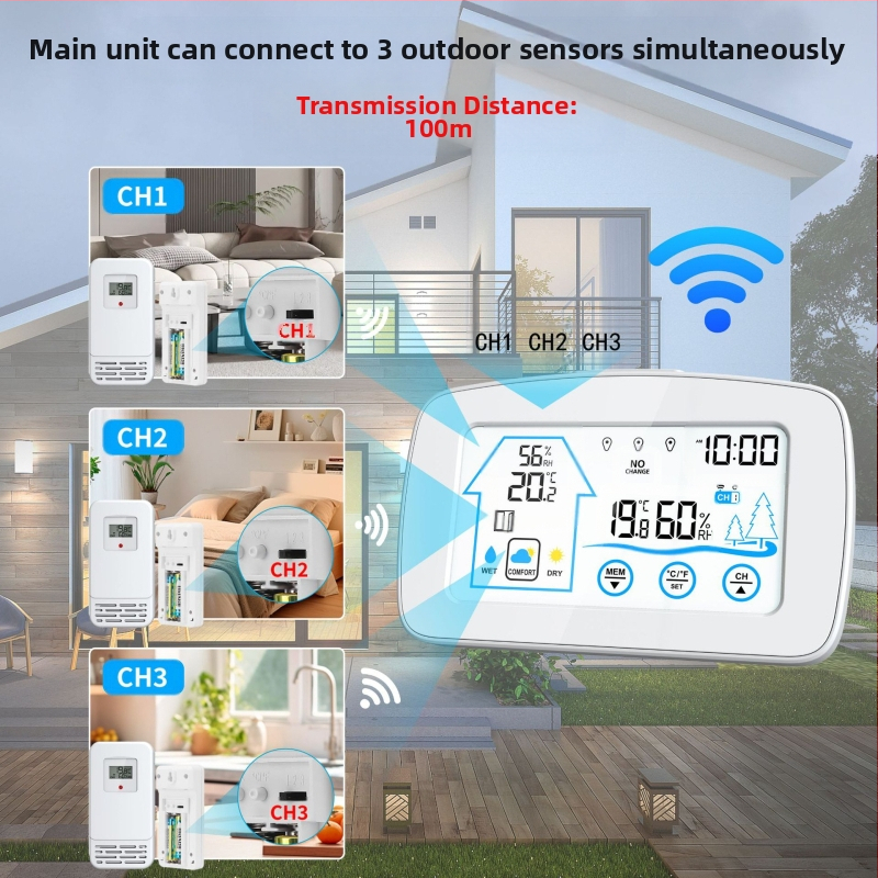 Будилник с подсветен сензорен екран, безжично измерване на температура и влажност за вътрешна и външна среда, цифров LCD метеорологичен часовник