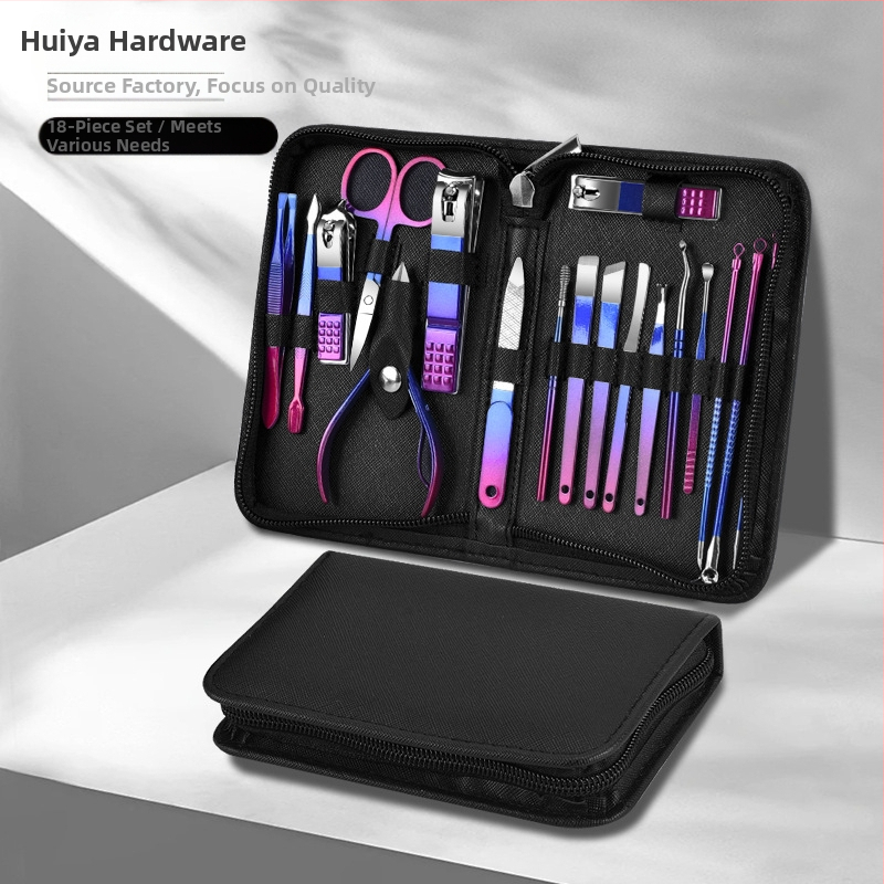 Σετ περιποίησης νυχιών 18 τεμάχια με διαβαθμισμένο φινίρισμα, περιλαμβάνει νυχοκόπτη, τσίμπες για πετσάκια, κόφτη νεκρού δέρματος και εργαλεία ποδιών; Υλικά: ανοξείδωτος χάλυβας + χάλυβας άνθρακα; OEM μάρκα; βάρος 230 g