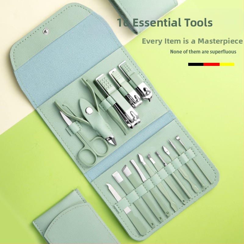 16-частен комплект за маникюр и педикюр с преносим сгъваем калъф, инструменти за нокти от въглеродна стомана