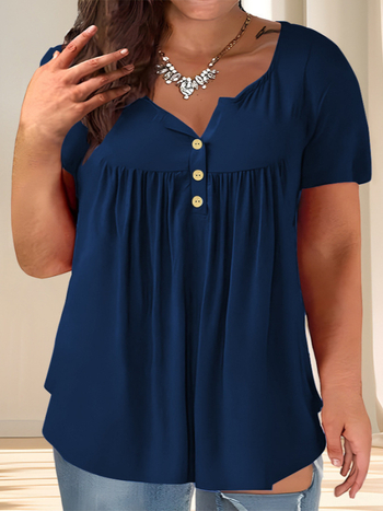 Μπλούζα T με κουμπιά μπροστά, ανάμειξη πολυεστερ-σπαντεξ, στρογγυλός λαιμός, κοντά μανίκια, χαλαρή γραμμή