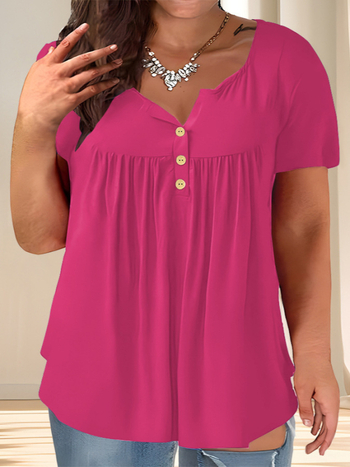 Μπλούζα T με κουμπιά μπροστά, ανάμειξη πολυεστερ-σπαντεξ, στρογγυλός λαιμός, κοντά μανίκια, χαλαρή γραμμή