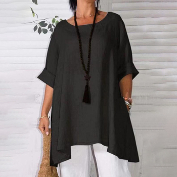 Γυναικείο τοπ με μακριά μανίκια από βαμβάκι και λινό, μονόχρωμο, άνετη γραμμή, στρογγυλή λαιμόκοψη, λεπτομέρειες ραφών κολλάζ