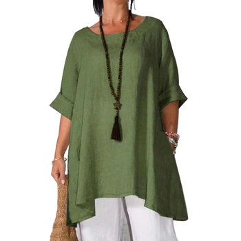 Γυναικείο τοπ με μακριά μανίκια από βαμβάκι και λινό, μονόχρωμο, άνετη γραμμή, στρογγυλή λαιμόκοψη, λεπτομέρειες ραφών κολλάζ