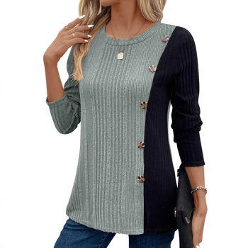 Μπλουζάκι με χρωματικό μπλοκ, μακριά μανίκια, στρογγυλός λαιμός, πολυεστέρας 50–70%, λεπτομέρεια κολλάζ/ραφή