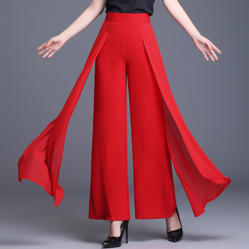 Женски панталони с широки крака от chenille плат със спандекс, висока талия