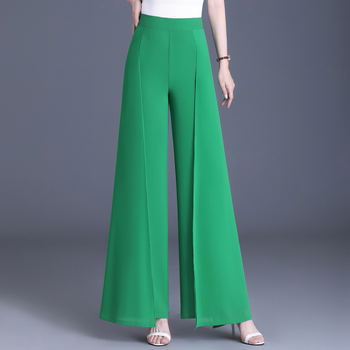 Женски панталони с широки крака от chenille плат със спандекс, висока талия