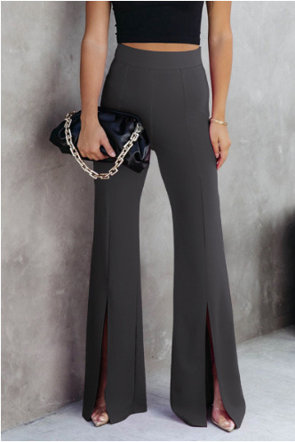 Pantaloni casual pentru femei, talie înaltă, croială largă, tiv despicat, poliester, primăvară-vară