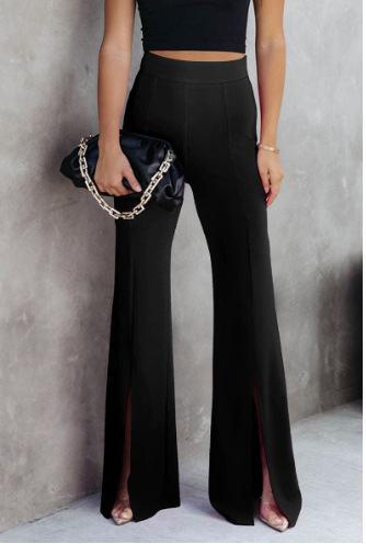 Pantaloni casual pentru femei, talie înaltă, croială largă, tiv despicat, poliester, primăvară-vară