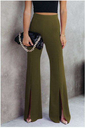 Pantaloni casual pentru femei, talie înaltă, croială largă, tiv despicat, poliester, primăvară-vară