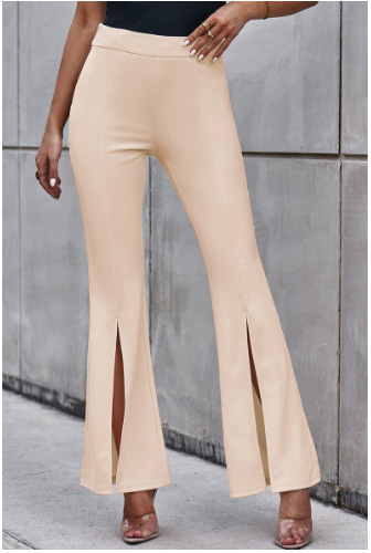 Pantaloni casual pentru femei, talie înaltă, croială largă, tiv despicat, poliester, primăvară-vară