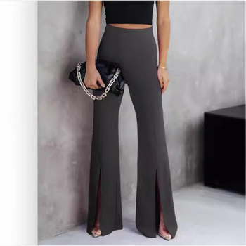 Pantaloni casual pentru femei, talie înaltă, croială largă, tiv despicat, poliester, primăvară-vară