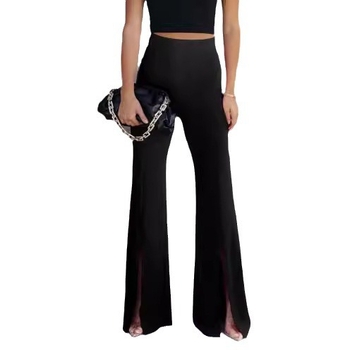 Панталони с висока талия, широк крак и разкроен край, полиестер, пролет-лято