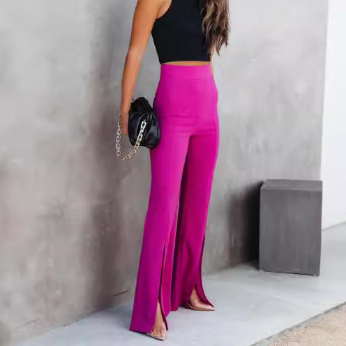 Pantaloni casual pentru femei, talie înaltă, croială largă, tiv despicat, poliester, primăvară-vară