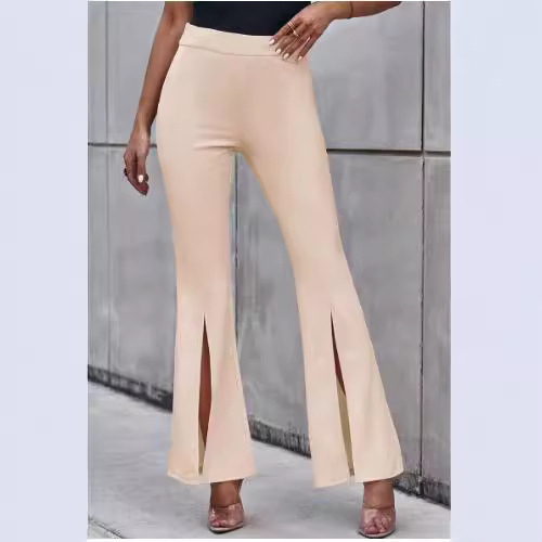 Pantaloni casual pentru femei, talie înaltă, croială largă, tiv despicat, poliester, primăvară-vară