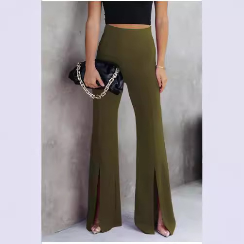 Pantaloni casual pentru femei, talie înaltă, croială largă, tiv despicat, poliester, primăvară-vară