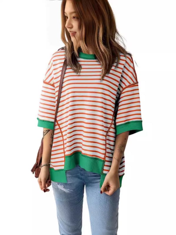 Tricou din bumbac cu dungi, croială lejeră, mâneci 3/4, guler rotund, 95% bumbac