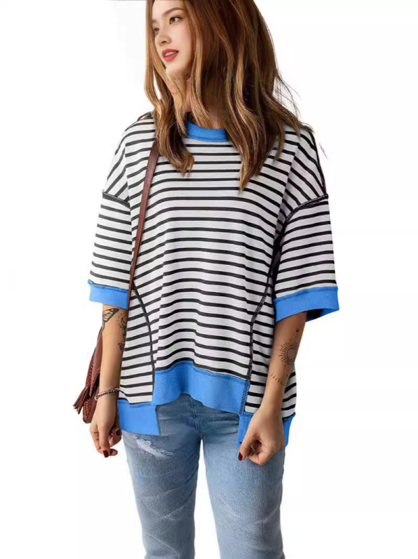 Tricou din bumbac cu dungi, croială lejeră, mâneci 3/4, guler rotund, 95% bumbac