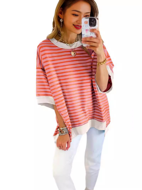 Tricou din bumbac cu dungi, croială lejeră, mâneci 3/4, guler rotund, 95% bumbac