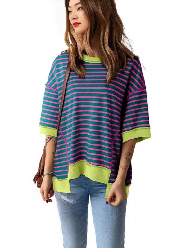 Tricou din bumbac cu dungi, croială lejeră, mâneci 3/4, guler rotund, 95% bumbac