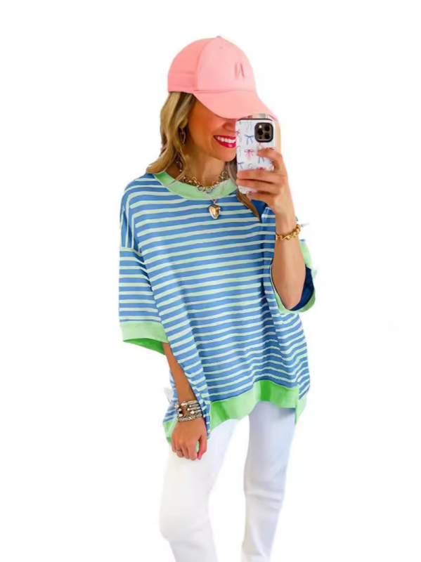 Tricou din bumbac cu dungi, croială lejeră, mâneci 3/4, guler rotund, 95% bumbac