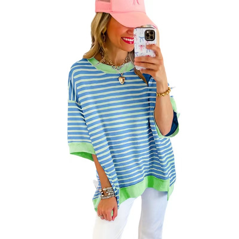 Tricou din bumbac cu dungi, croială lejeră, mâneci 3/4, guler rotund, 95% bumbac