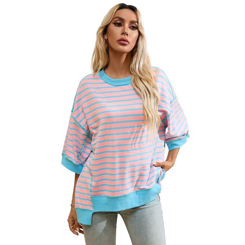 Tricou din bumbac cu dungi, croială lejeră, mâneci 3/4, guler rotund, 95% bumbac