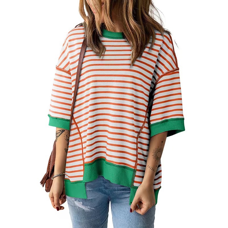 Tricou din bumbac cu dungi, croială lejeră, mâneci 3/4, guler rotund, 95% bumbac