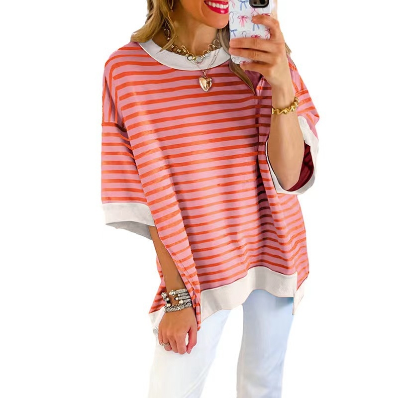 Tricou din bumbac cu dungi, croială lejeră, mâneci 3/4, guler rotund, 95% bumbac