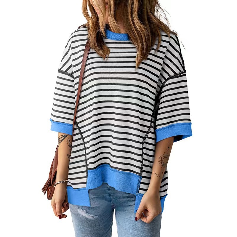 Tricou din bumbac cu dungi, croială lejeră, mâneci 3/4, guler rotund, 95% bumbac