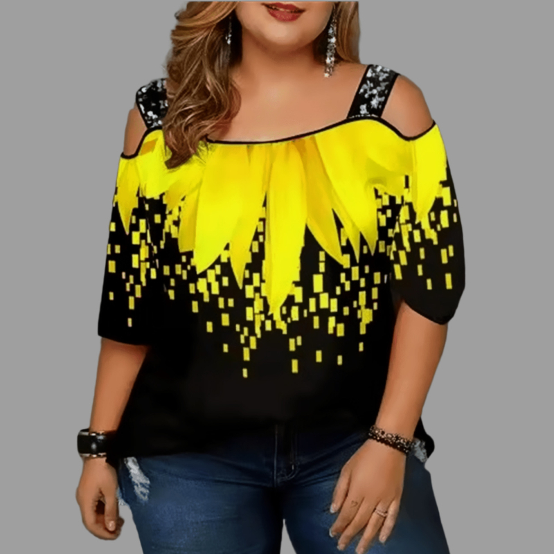 Moteriškas topas su atvirais pečiais, blizgučių spaudas, 3/4 rankovės, laisvas kirpimas, poliesteris