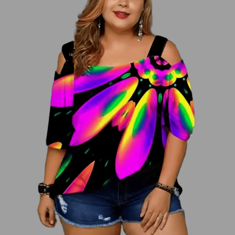 Moteriškas topas su atvirais pečiais, blizgučių spaudas, 3/4 rankovės, laisvas kirpimas, poliesteris