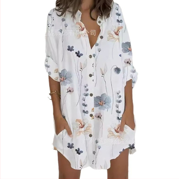 Φλοράλ φόρεμα με γιακά στάντ, μακριά μανίκια, πολυεστέρας, ασύμμετρη μίντι φούστα