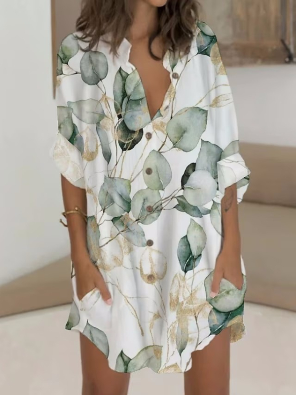 Rochie cu imprimeu floral, guler înalt, mâneci lungi, poliester, fustă midi asimetrică