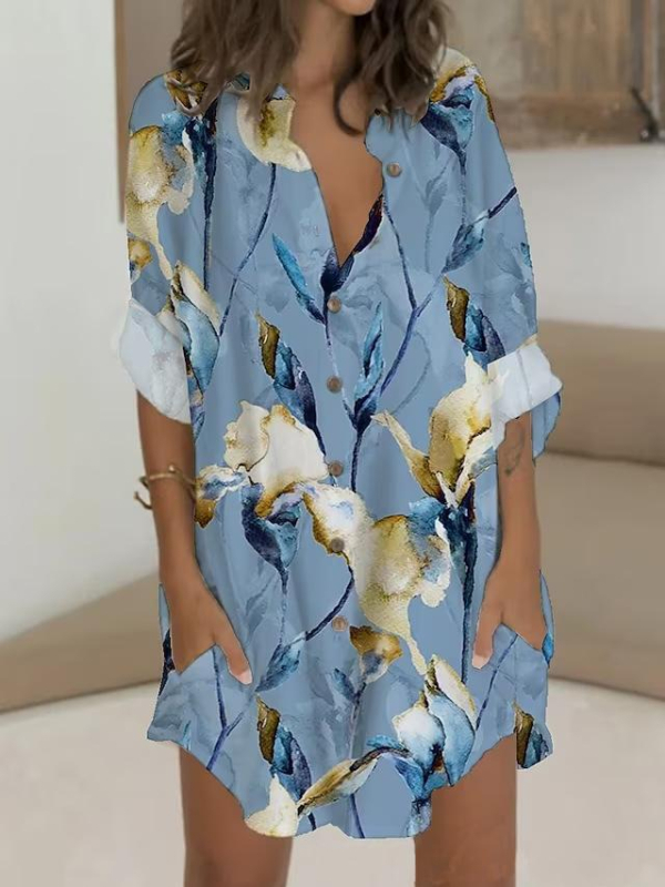 Rochie cu imprimeu floral, guler înalt, mâneci lungi, poliester, fustă midi asimetrică