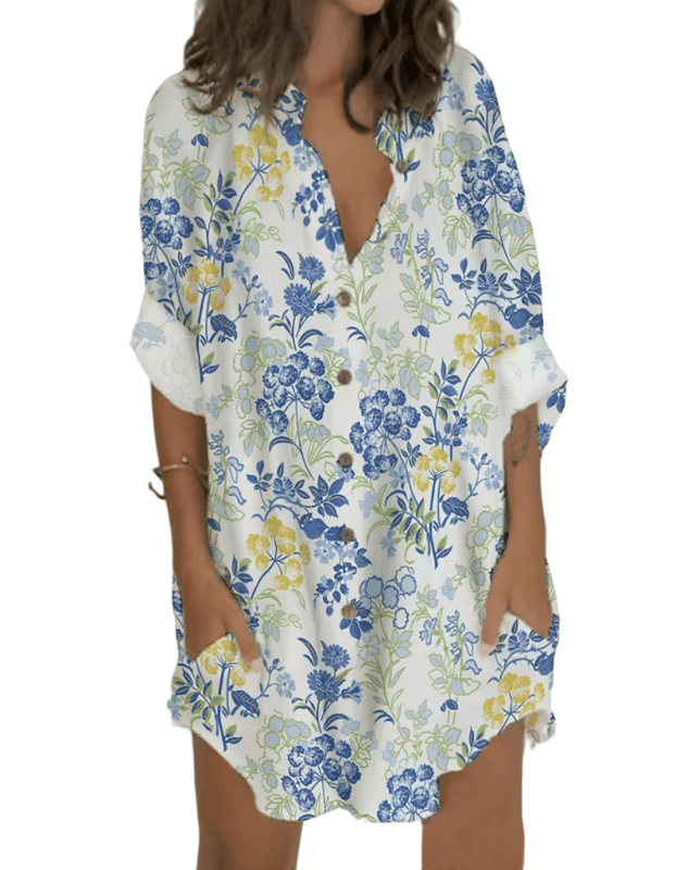 Rochie cu imprimeu floral, guler înalt, mâneci lungi, poliester, fustă midi asimetrică