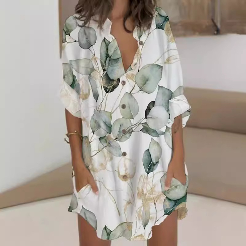 Rochie cu imprimeu floral, guler înalt, mâneci lungi, poliester, fustă midi asimetrică
